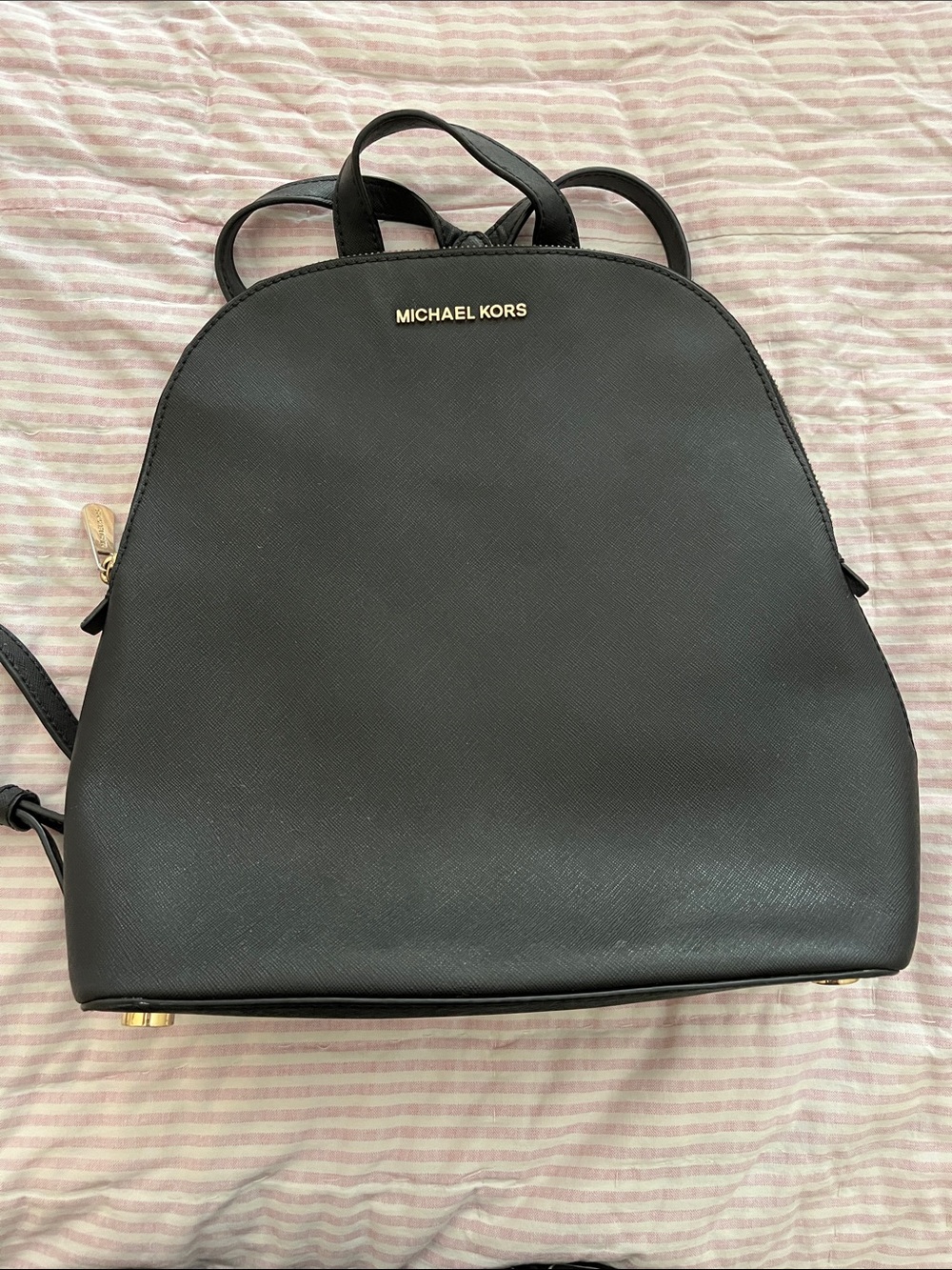 Michael Kors Black Leather Dome Backpack with Gold Logo